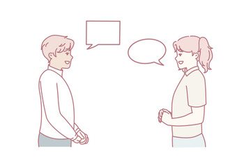 Man and woman with talking bubbles flirting or discussing joint plans for weekend. Guy and girl look at each other dressed in casual clothes with empty dialogue clouds. Flat vector image