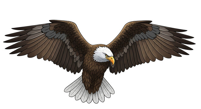 Bald eagle in flight with wings spread wide, a symbol of freedom and power, rendered in illustration style.