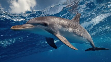 Fototapeta premium Dolphin Swimming Upward in Clear Water With Sunlight Filtering Through Surface