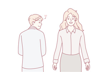 Man in business clothes looks back at beautiful woman having loving feelings for work colleague. Concept office romance between guy and girl who are employees of same company. Flat vector image