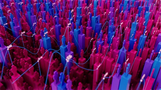 Futuristic loop infographic video with human silhouettes and statistical charts for demographic research and population growth analysis
