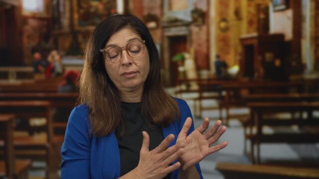 Woman clapping hands in church during a religious service with rows of benches and ornate decorations; devotion.