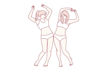 Two slender women in swimsuits bumping hips rejoice at result of losing weight after diet. Positive girls in underwear raise their hands up rejoice at upcoming trip to beach or pool. Flat vector image