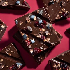 A close-up view of assorted chocolate pieces on a red surface