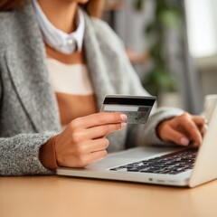 Fototapeta premium w over shoulder young woman holding credit card and shopping online on E-commerce website.