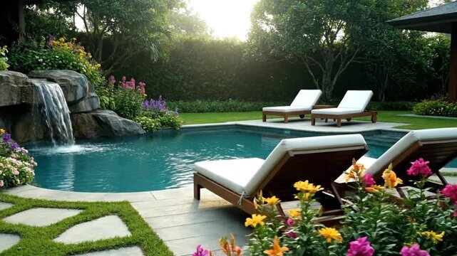 Luxurious backyard swimming pool featuring a natural rock waterfall surrounded by lush colorful tropical landscaping and comfortable wooden lounge chairs inviting relaxation.