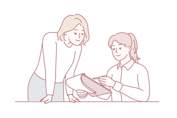 Woman manager sitting at table gives instructions to assistant using clipboard with working papers. Girl secretary stands near colleague and waits for signature of supervisor. Flat vector design