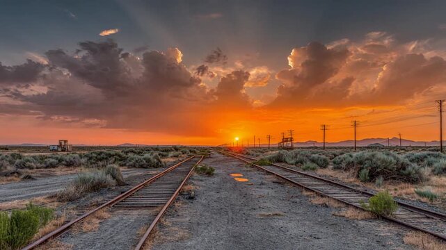 Sunset over old train tracks in a desolate landscape with dramatic clouds and power poles