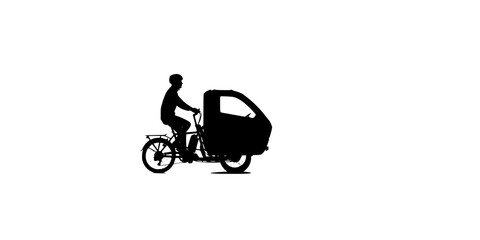 Obraz premium Electric cargo bike delivery courier silhouette, sustainable urban logistics and green transportation vector, modern city last-mile delivery icon