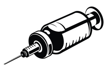 Medical Syringe Illustration, Black and White Image, Needle, Healthcare, Injection, Dose