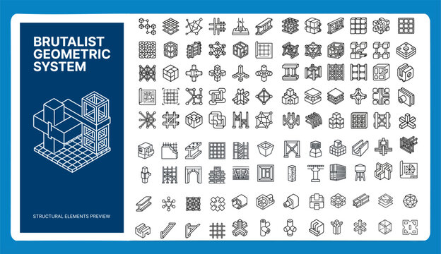 Brutalist Geometric System Outline Vector Icon Set &ndash; Abstract Shapes, Patterns, Grid, Cube, Mesh, Lattice, Structure UI Web App Editable Stroke Modern