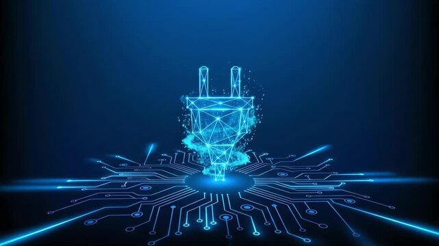 Futuristic digital power plug connecting to a glowing circuit board, symbolizing energy and data integration.