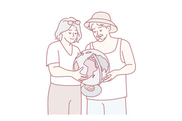 Elderly couple is considering globe choosing place for future trip or sightseeing tour. Mature gray-haired man and woman choose continent or state for life after retirement. Flat vector illustration