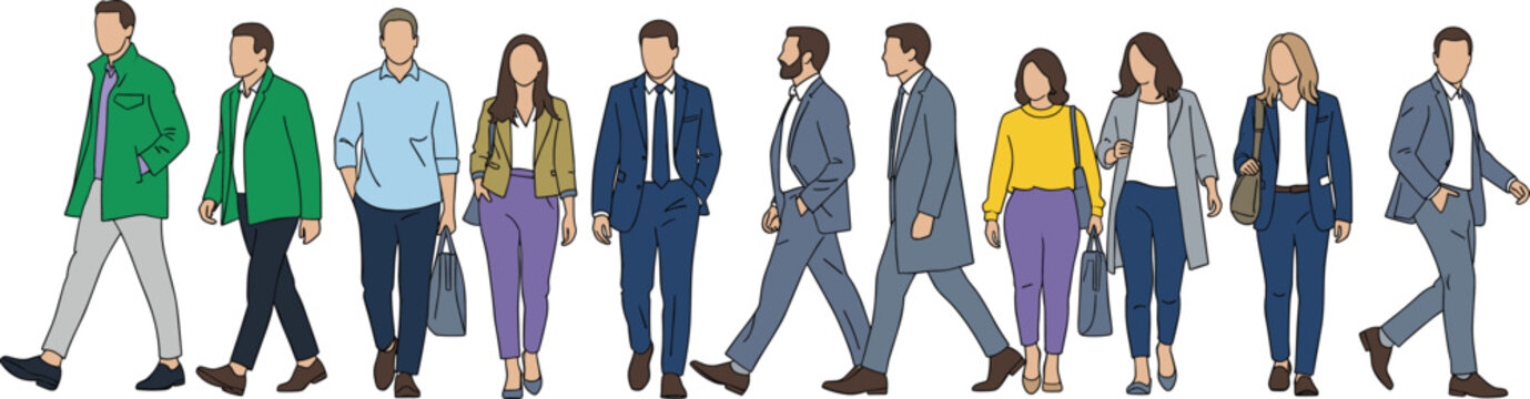 Large group of diverse people in business and casual clothing walking forward and standing isolated on white background vector.