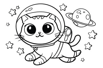 Obraz premium Cartoon Cat Astronaut in Space Helmet with Planets and Stars in Black and White