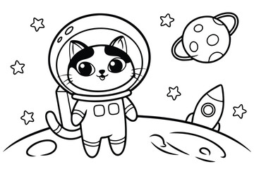 Cartoon Cat Astronaut on Planet with Spaceship, Stars, Black and White Line Art