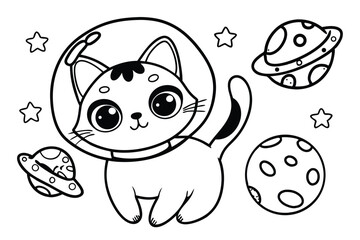 Cute Cartoon Cat Astronaut Outline Surrounded by Planets and Stars Isolated on White