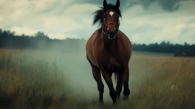 A brown horse with a white blaze runs towards the viewer through a grassy field under a dramatic cloudy sky.