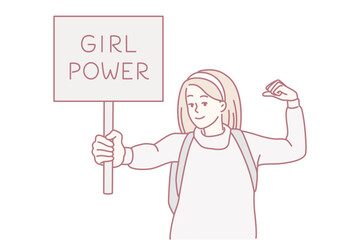 Beautiful woman demonstrates sign with text girl power fighting for equality and female rights. Lady activist with backpack promotes feminist values showing muscles on arm. Flat vector design