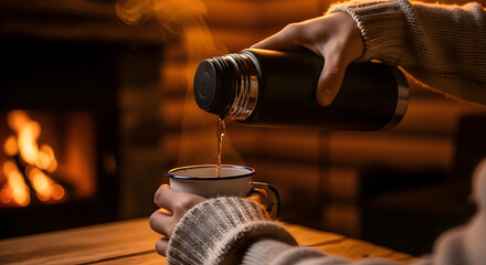 Hands pouring coffee into mug in cozy wooden cabin with fireplace