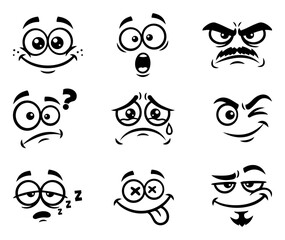 Set of Cartoon Facial Expressions Vector Icons, Funny Comic Face Emojis Isolated on White Background
