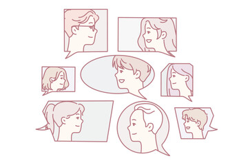 Faces men and women in speech bubbles symbolize public discussion or expression of diverse opinions. Guys and girls participate in brainstorming or mass survey among young people. Flat vector design