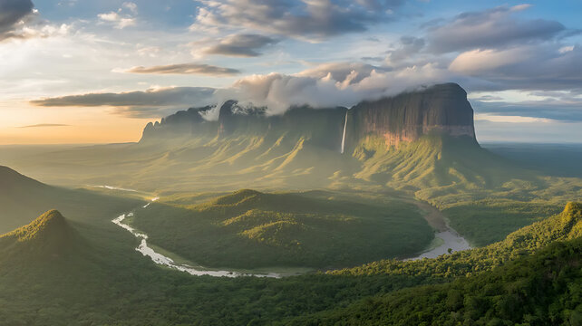 Majestic Waterfall Cascading Down a Towering Tepui at Sunset