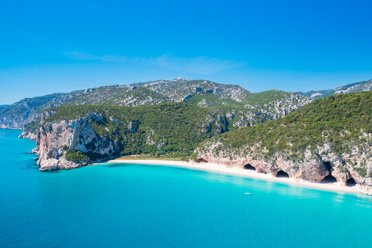 Aerial view of Cala Luna beach on the coast of Baunei and Dorgali, Sardinia, Italy. Turquoise water, white sandy shoreline and dramatic limestone cliffs along the Gulf of Orosei.