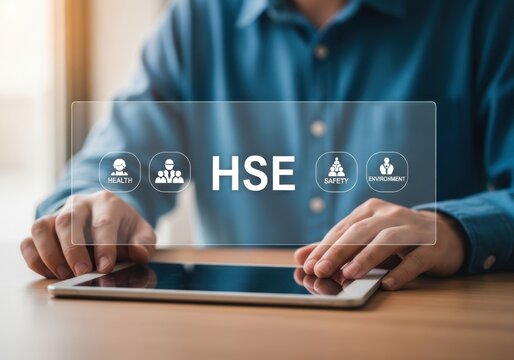 Businessman interacting with tablet and hse icons on screen in office setting with hands on table