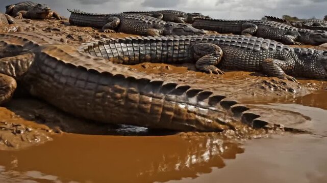 Group of crocodiles resting on muddy riverbank with cloudy sky