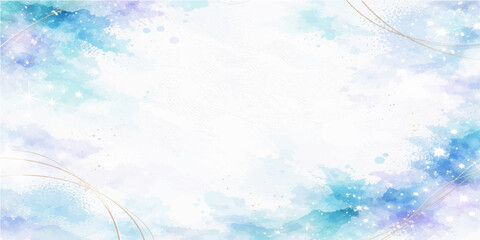 An abstract blue Christmas background features a bright winter sky filled with white fluffy clouds and snowflakes drifting through a beautiful clear atmosphere of sunlight and heaven © Faysal