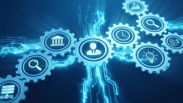 Optimized digital business process management concept with interconnected gears and icons in a virtual blue network environment