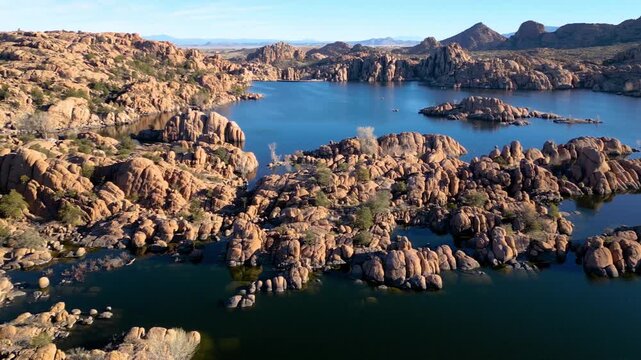 Drone View of Watson Lake Surrounded by Granite Dells, Prescott, Arizona
