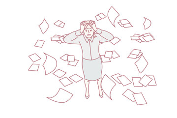 Discouraged woman clutching head while standing among scattered business documents. Girl in office clothes suffers due to work overload or lack of professional competencies. Flat vector image