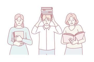 Man and two women students with books from library preparing for exams for university entrance. Set high school pupil people or teachers with textbooks for educational concept. Flat vector image