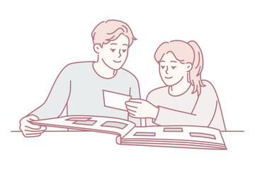 Happy couple man and woman looking at family photo album with pictures from wedding or vacation. Casual guy and girl sits at table remember past together enjoy watching photo cards. Flat vector image