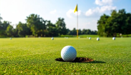 Obraz premium Golf ball balanced on tee near freshly cut hole on green fairway, shallow depth, bright daylight, outdoor sports photography, clean composition, calm, precision, focus
