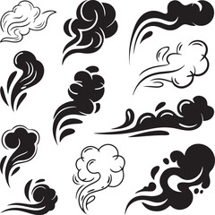 Fototapeta premium Smoke cloud set of black vector illustration shapes for steam effect design