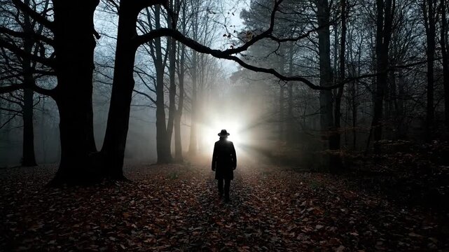 A silhouetted figure in a hat and coat walks into a foggy, misty forest, leaves scattered below