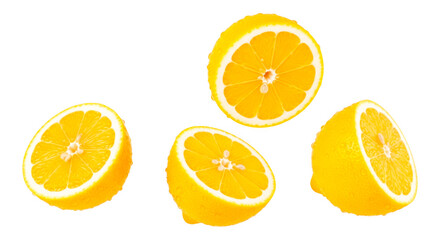 Fresh lemon halves flying, showing juicy pulp on transparent background