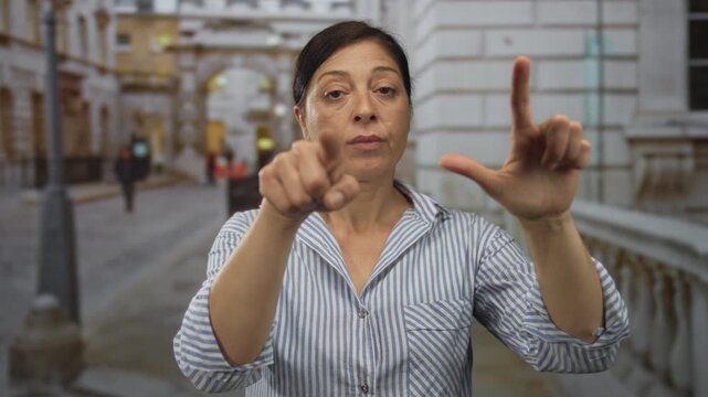 Middle aged hispanic woman points finger and shapes loser l gesture on busy city street with blurred passersby; mockery.