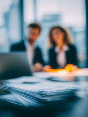 Stack of paperwork on office desk with two business professionals discussing documents in bright modern workspace background