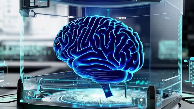 Futuristic laboratory equipment with glowing blue brain inside transparent protective case on circular metallic platform
