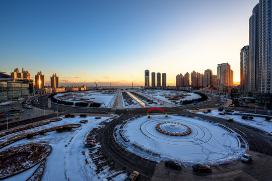 Xinghai Square Dalian Winter Sunset After Snow Aerial View