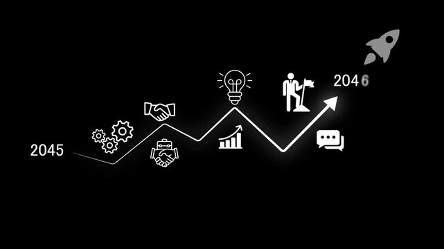 Business arrow 2045 to 2046 success concept. A strategic business journey. Finger points at the 2046 target, sustainability, year change animation concept. black background 