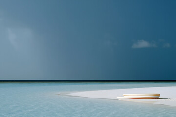 Telephoto View Of Swimmer On Tropical Atoll During Monsoon Holding Pastel Flotation Tubes, Dramatic Rain Clouds, Remote Island Weather, Coastal Lifestyle