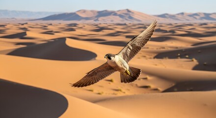 Naklejka premium Majestic peregrine falcon with widespread wings soars dynamically above sweeping golden sand dunes under bright daylight illumination.