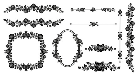 Fototapeta premium A collection of ornate black floral borders and decorative elements featuring roses and leaves high quality professional detailed modern