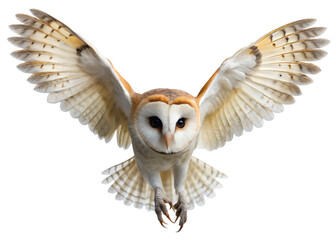barn owl flying with wings spread isolated on white background nocturnal bird wildlife photography