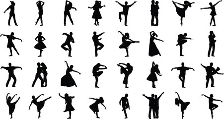 Collection of dancing people silhouettes isolated on white background ballet modern dance poses black vector illustration set artistic motion performance © Santo's World
